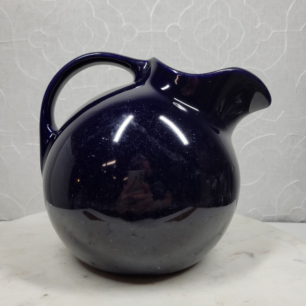 Vintage Hall Tilted Pitcher 8" Blue Ceramic Ice Ledge Water Ice Tea USA